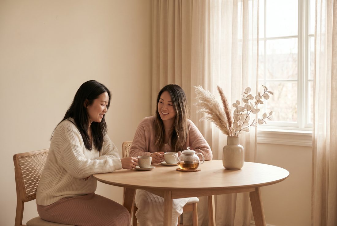 蘑菇视频品牌理念 — 两位女性温柔交流的陪伴场景